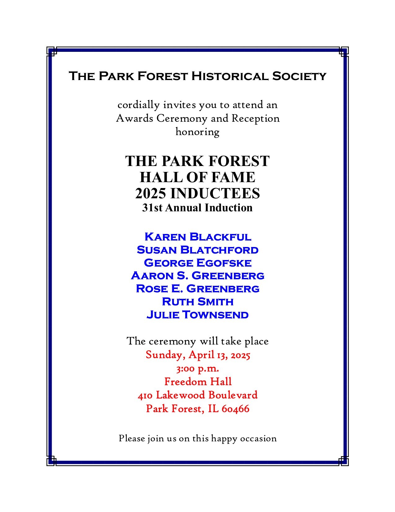 The 2025 Park Forest Hall of Fame Induction Ceremony